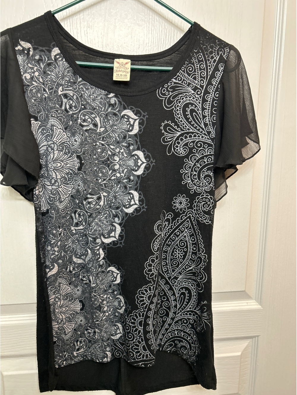 Faded Glory Black Sheer Sleeve Top with White Paisley Pattern, Size M (8-10)